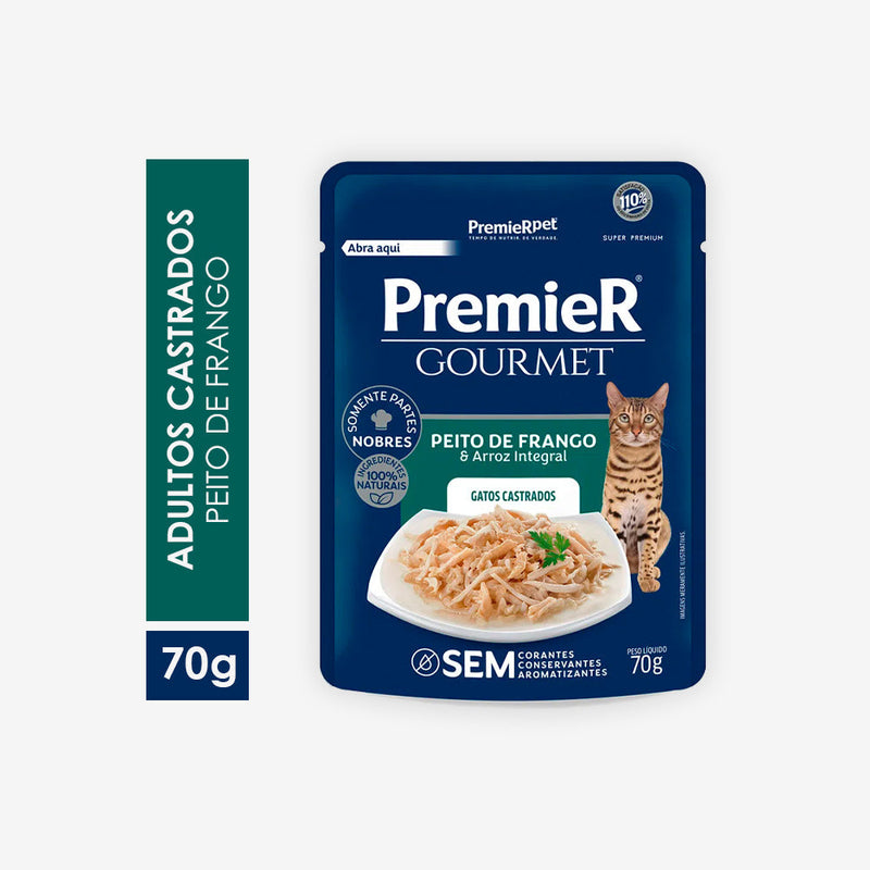 Ração Úmida Premier Gourmet Para Gatos Adultos Castrados sabor Peito de Frango e Arroz integral | 70g